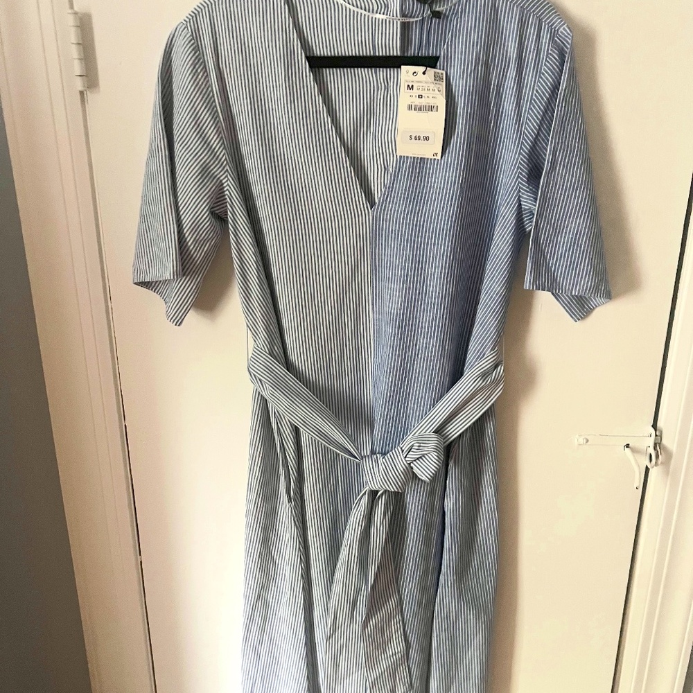 Zara Woman Blue & White Striped Midi Dress, NWT, size M